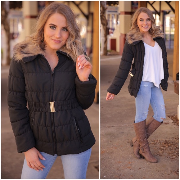 Black Faux Fur Collared Belted Jacket - Picture 3 of 3